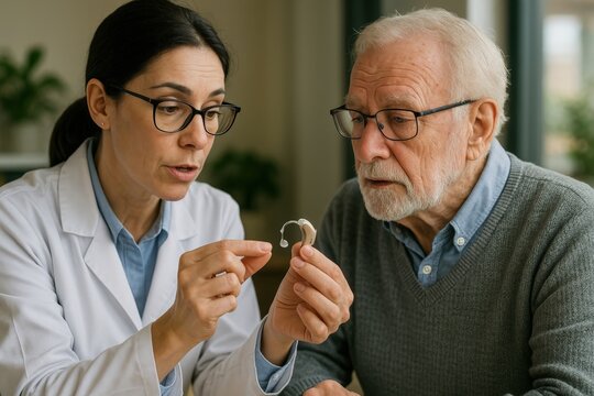 Hearing aid demonstration for elderly man in a healthcare setting