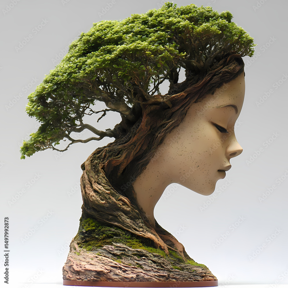Aufkleber sculpture of a woman with a tree-like structure representing nature generative ai