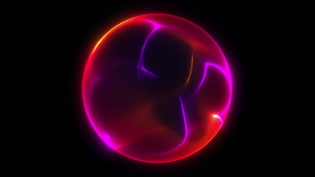 Bright fiery futuristic 3d sphere in the Universe. Purple and orange energy orb seamlessly flowing. Virtual assistant animation. Neon glowing sphere. Artificial Intelligence, technology, science. 4k