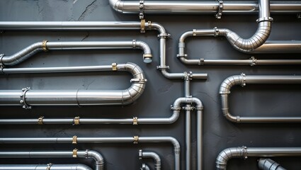 Fototapeta premium Silver metal pipes on a dark gray wall industrial plumbing system architecture