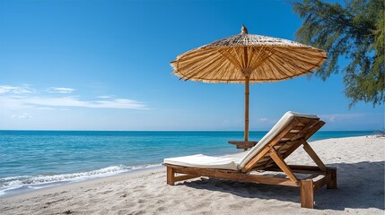 Obraz premium A serene beach scene featuring a wooden lounge chair under a straw umbrella. The sunlit ocean sparkles in the background. Perfect for relaxation and vacation vibes. AI
