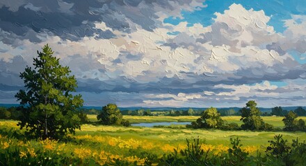 Obraz premium 夏の草原と入道雲の風景画 緑豊かな大地と空