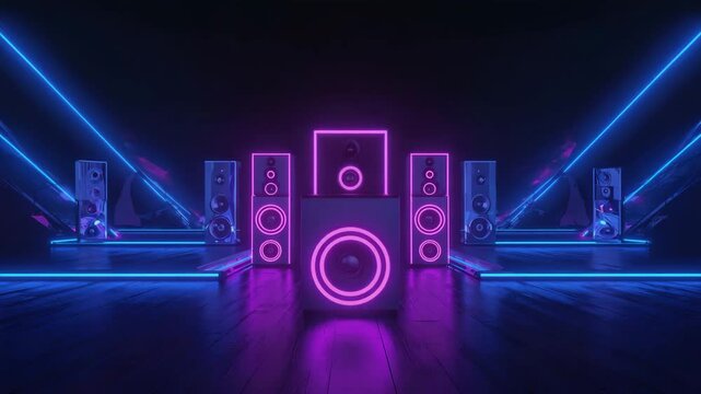 Neon-lit sound speakers arranged in vibrant colors with lasers  
