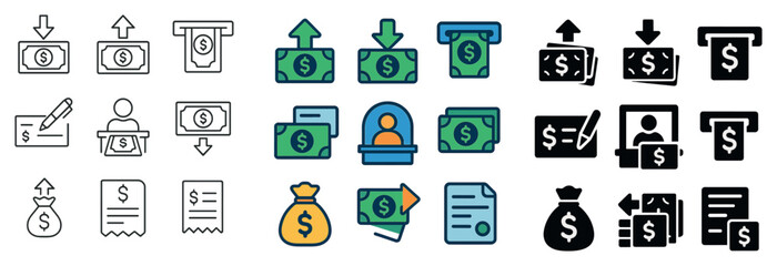 Finance icon collection: silhouette, linear and flat styles for money and banking needs