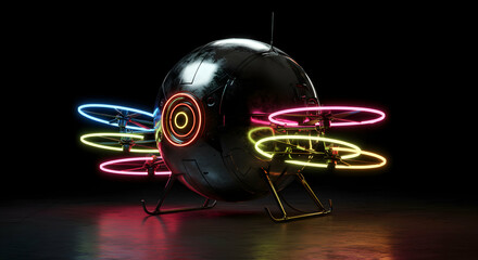 Futuristic sphere vehicle with neon drones