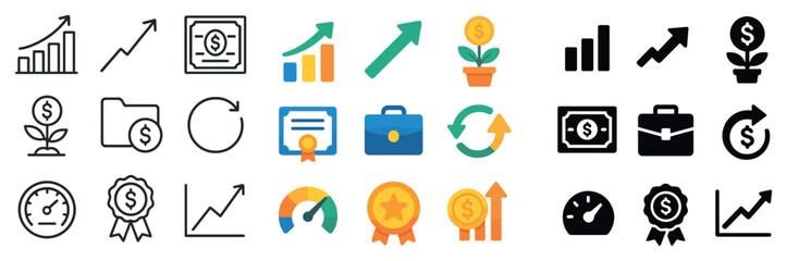 Finance and business icon collection: silhouette, linear, and flat. economy symbol set