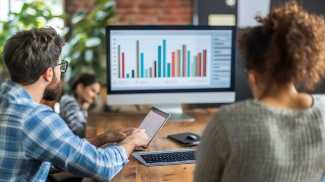 A diverse team collaborates on data analysis at a modern office workspace.