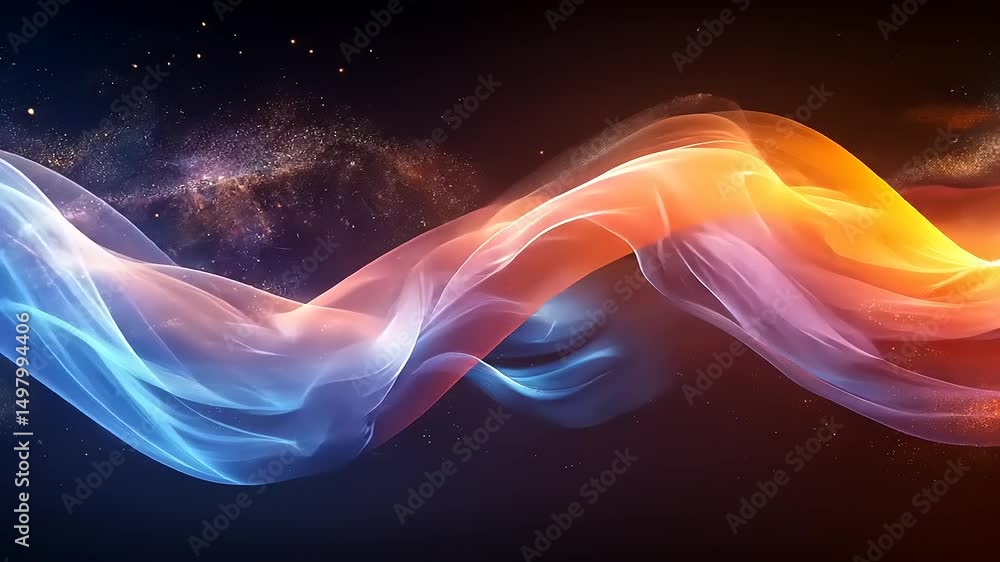 Poster abstract flowing energy waves with vibrant colors and particle effects against a dark background