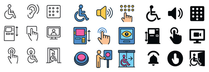 Fototapeta premium Accessibility silhouette, linear and flat icon collection. assistive and inclusion symbols