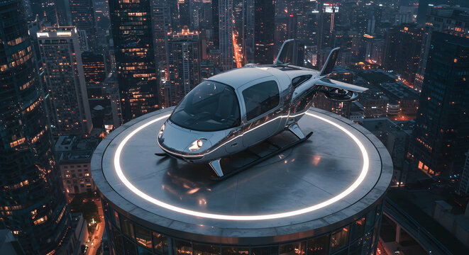 Futuristic vtol aircraft on urban platform at night