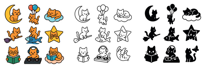 Fototapeta premium Cats and kittens icon collection: silhouette, linear, flat styles. feline and pet symbols