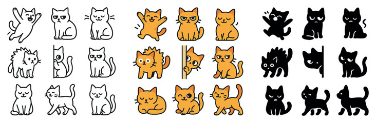 Cute cat icon collection: silhouette, linear, flat styles. feline and pet graphics set
