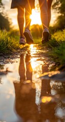 Couple walking sunset path reflection.