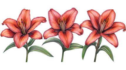 Watercolor illustration of three orange lilies on PNG transparent background