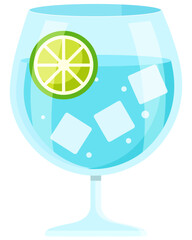 Flat vector style Gin and Tonic with lime and ice in a glass, Alcohol design element