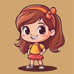 Cartoon girl with brown hair orange headband and backpack smiling sweetly