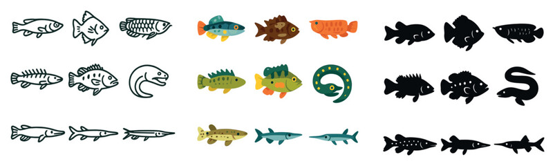 Fish and aquatic life icon collection: silhouette, linear, and flat styles set