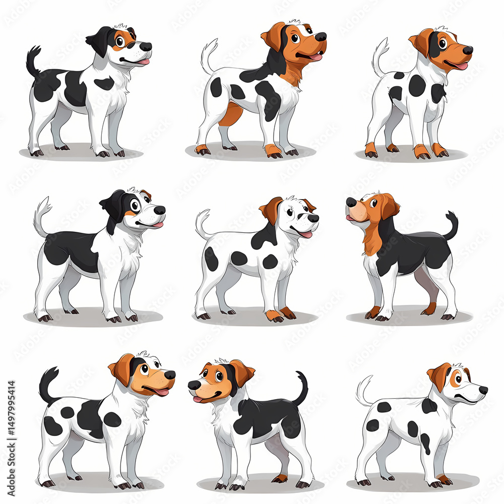 Poster various cartoon dogs with different colors and expressions in a grid layout generative ai