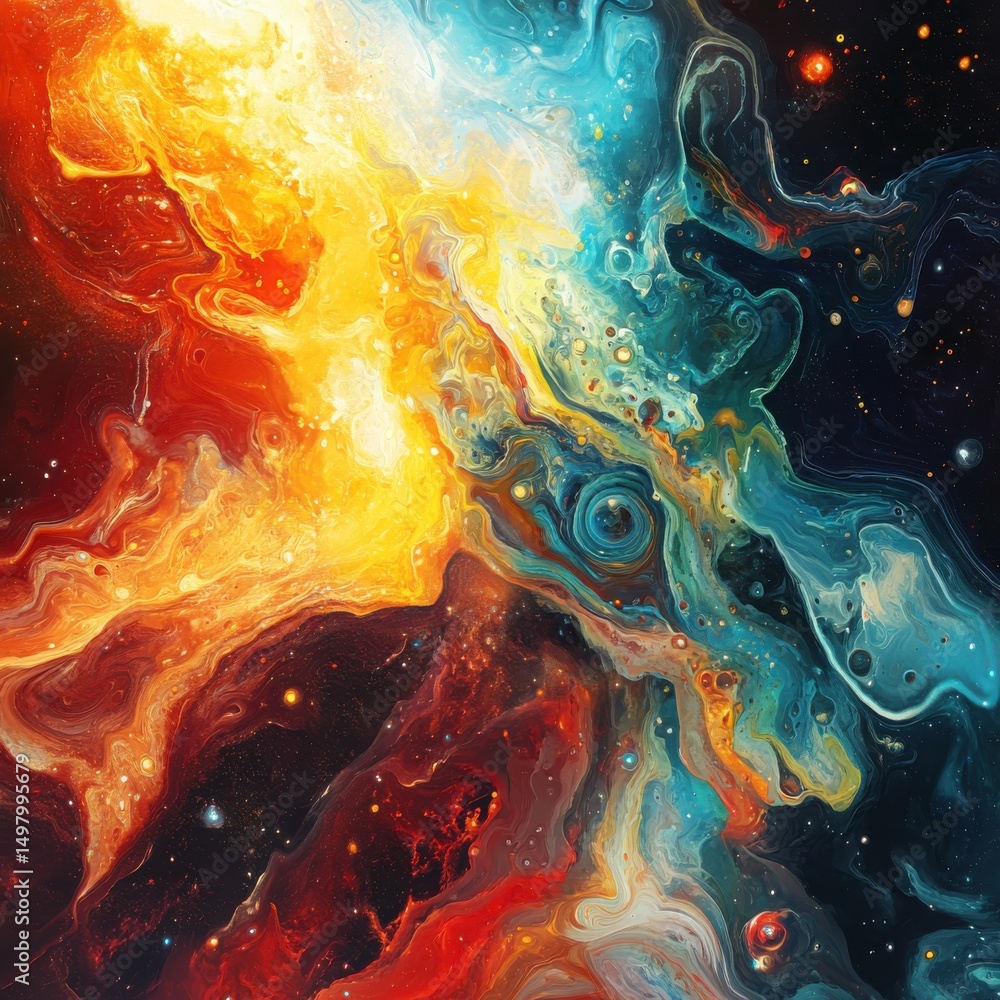 Poster ethereal abstract visuals: cosmic forms radiating light within a fluid, energetic space.