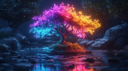 Glowing, vibrant tree at night