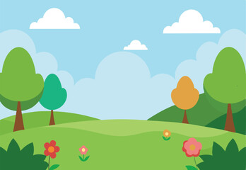 Obraz premium Blank meadow green lawn summer tree and flowers landscape vector illustration.