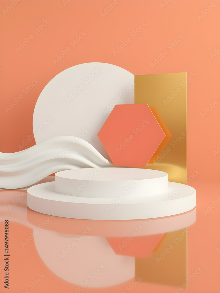 Poster abstract pastel color product display podium with geometric shapes and soft wave