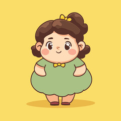 Cartoon girl with brown hair yellow bow green dress and red shoes