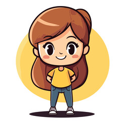 Cartoon girl with brown hair yellow shirt and blue jeans smiling