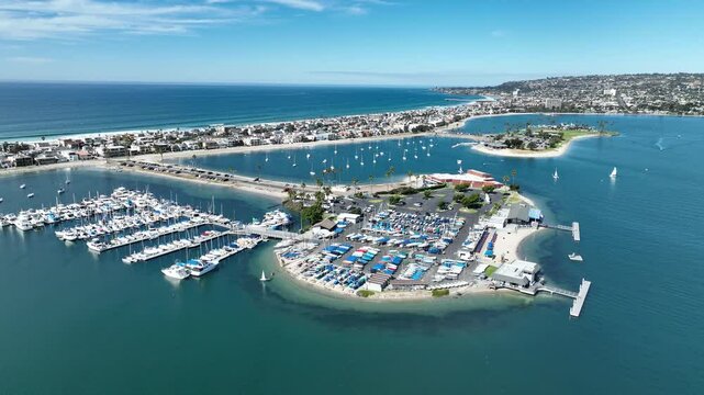 Mission Bay In San Diego California United States. Bird Eye View Of A Amazing Coastal Beach In The Summer Holiday. Shore Clouds Sky Beach Sea. Seaside Panoramic. San Diego California.