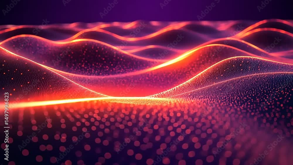 Poster abstract flowing particle waves with vibrant light, a mesmerizing visual journey