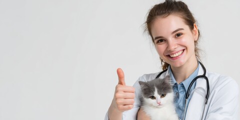 Cheerful female veterinarians holding a kitten and a puppy while giving a thumbs-up gesture. The clean background and friendly expressions convey trust, care, and professionalism, making these images 