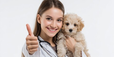 Cheerful female veterinarians holding a kitten and a puppy while giving a thumbs-up gesture. The clean background and friendly expressions convey trust, care, and professionalism, making these images 