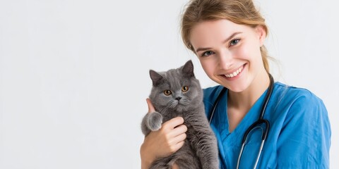 Cheerful female veterinarians holding a kitten and a puppy while giving a thumbs-up gesture. The clean background and friendly expressions convey trust, care, and professionalism, making these images 