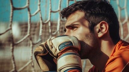 Close-up of a soccer goalkeeper in uniform and gloves, looking focused near net.