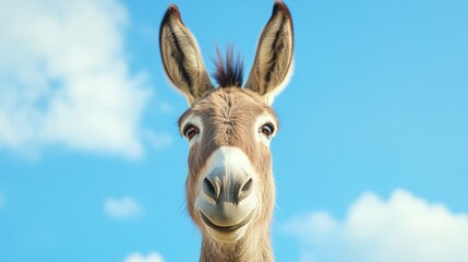Obraz premium Donkey Looking at Camera with Blue Sky and Clouds in the Background