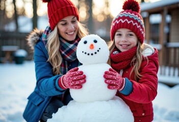 A joyful mother and daughter build a snowman in a winter wonderland