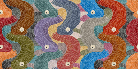 Fishes mosaic art composition in colors, seamless vector tile pattern