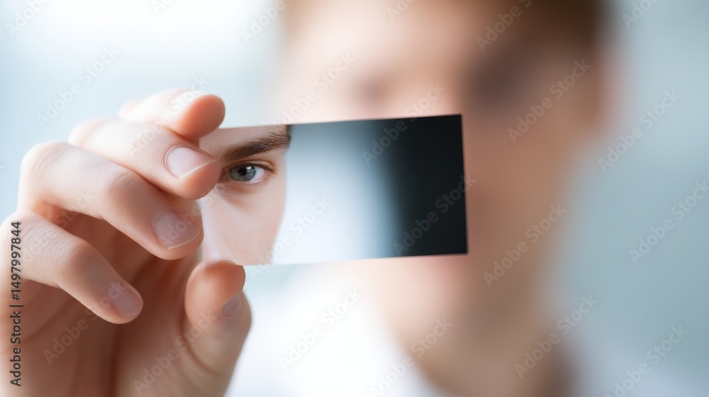 Poster a person holding a small mirror reflects their eye. this image depicts introspection and self-discov