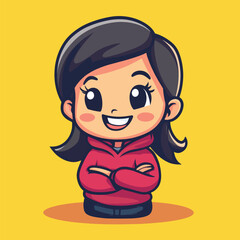 Cartoon girl with dark hair smiling wearing a red hoodie with arms crossed