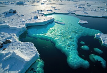 Melting ice and snow form a vibrant turquoise water pool in an Arctic landscape