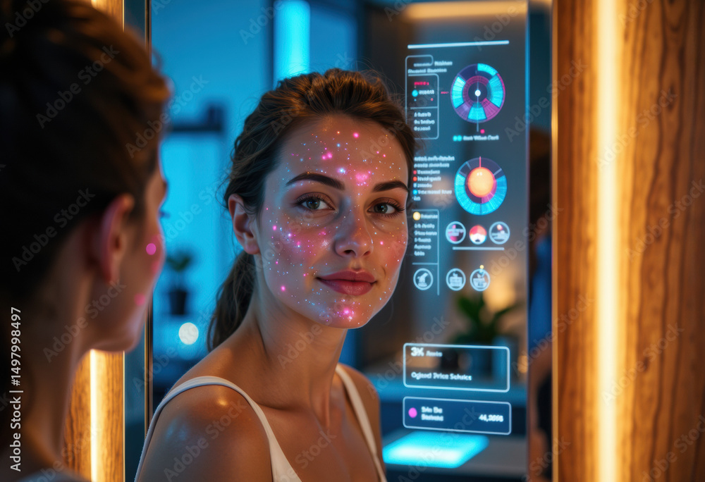 Poster woman with digital facial augmentation looking at a futuristic data display in a modern tech environ