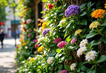 Vibrant colorful hydrangea flowers blooming along a garden wall in bright sunlight