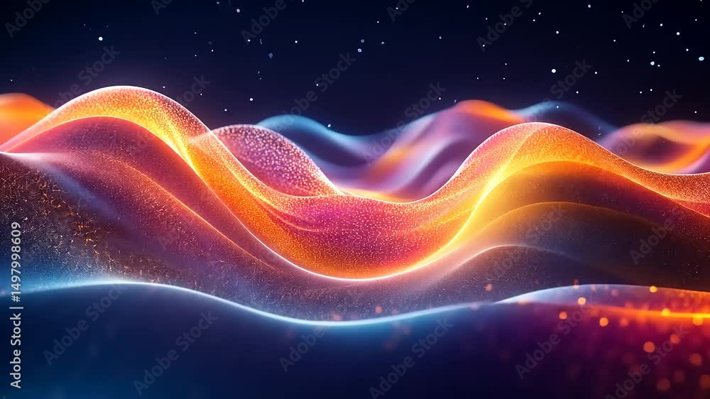 Poster abstract flowing waves with particle effects and starry night sky background