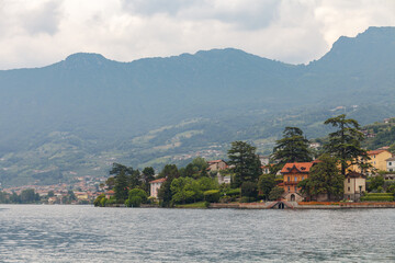 View of village Sale Marasino over Iseo Lake in Italy