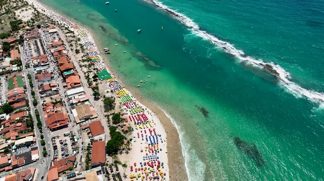 French Beach In Maceio Alagoas Brazil. Breathtaking Aerial View Of A Lush Tropical Coastline Scenery. Shore Horizon Beach Sea. Shore Panorama. Maceio Alagoas.