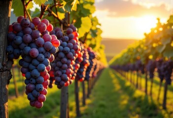 Naklejka premium Ripe purple grapes hanging from vines in a vineyard during sunset