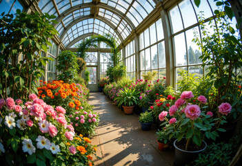 Brightly lit greenhouse filled with colorful blooming flowers and lush green plants