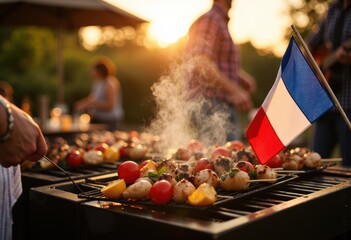 Grilled vegetables and meats on a barbecue with a French flag at sunset