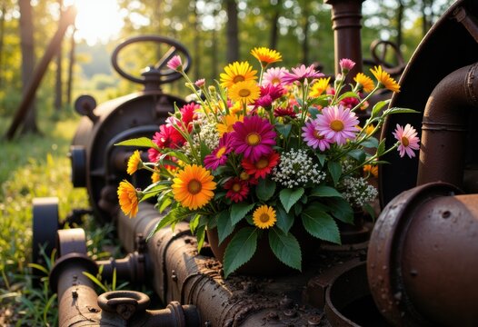 Bright colorful flowers bloom on an old tractor in a lush green field during sunset