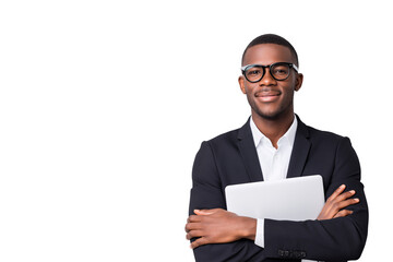 Confident african american businessman holding laptop portrait transparent background